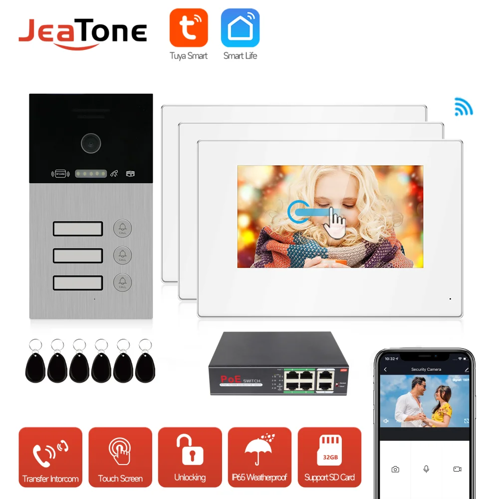 JEATONE SIP Multi-Apartment Video Intercom System for 1/2/3/4 House 7 Inch Tuya Video Interphone with RFIC Reader Access Control