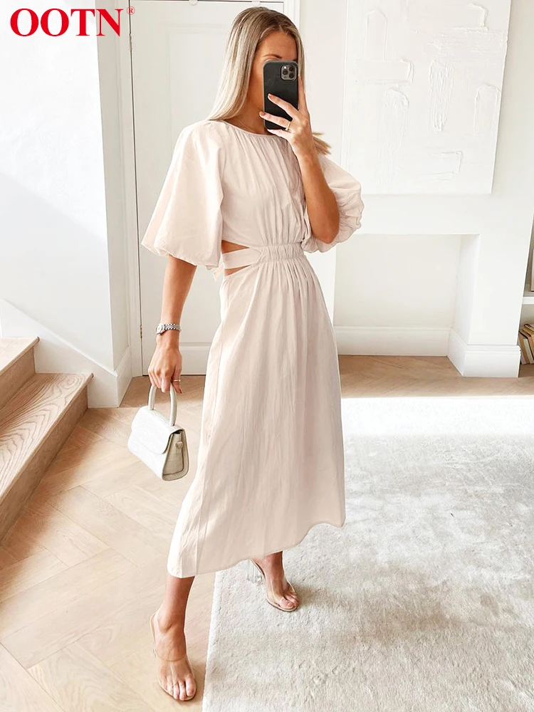 OOTN Sexy Hollow Out Long Dress 2022 Summer Women Puff Sleeve High Waist Lace Up O Neck Solid A-Line Midi Dresses Cotton Robe