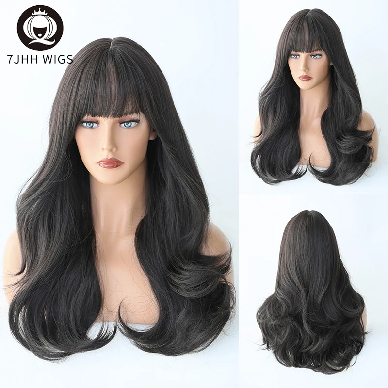 

7JHH Women Synthetic Wigs Long Wavy Fake Hair Wigs for Female Deepest Brown Color Cosplay Wig with Bangs Heat Resistant Wigs