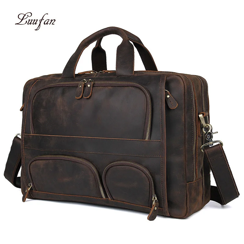 

Crazy horse Genuine Leather Men Briefcase Multifunction 17" Laptop business Bag tote Vintage Male Big Shoulder Bag Travel Duffel