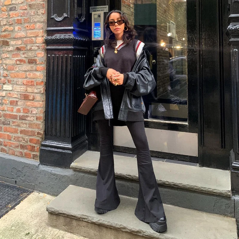 Женские повседневные черные брюки-клеш CUTENOVA с высокой талией и эластичной