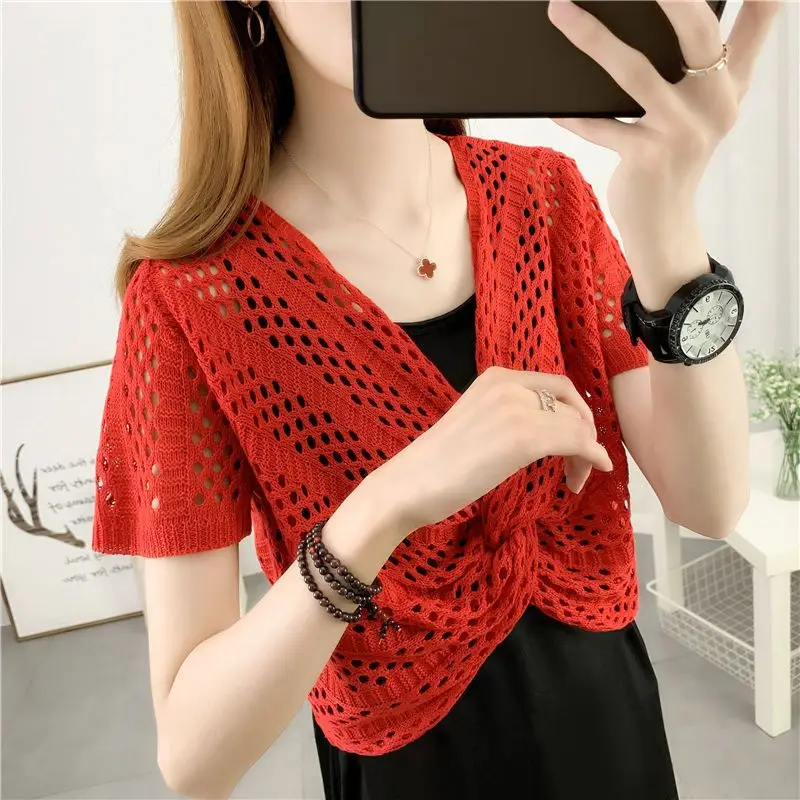 Stylish Solid Color Knitted Folds Shirring Hollow Out Blouse Female Clothing 2023 Summer New Casual pullovers Loose Korean Shirt