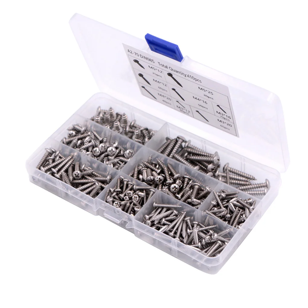 

410pcs Steel Round Head Micro Self Drilling Screws Wood Soft Metal Screws Assortment Kit M3 M4 M5
