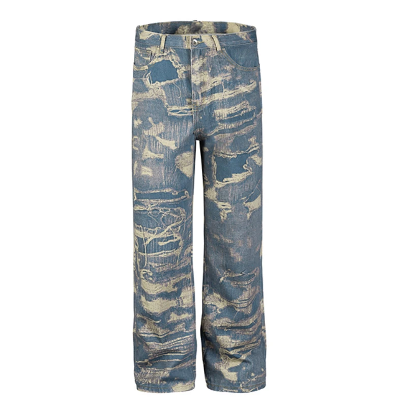 Men Fake Ripped Destroied 3D Printed Denim Jean Pants Fashion Biker Jeans Streetwear Loose Straight Pants Jogger Y2k Men’s Jeans