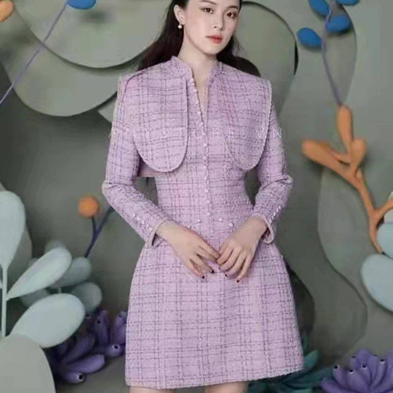 

French Design 2022 Autumn New Fashion Purple Small Fragrance Temperament Thin Doll Collar Long Sleeve Dress