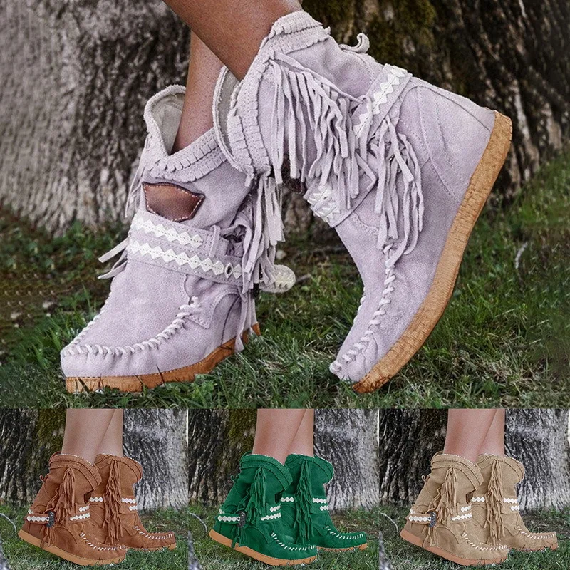 الشتاء النساء حذاء من الجلد أنبوب النمط البريطاني متجمد شرابة الأحذية البوب المد الدانتيل متابعة بوهو أحذية النساء أحذية كاوبوي بوتاس موهير