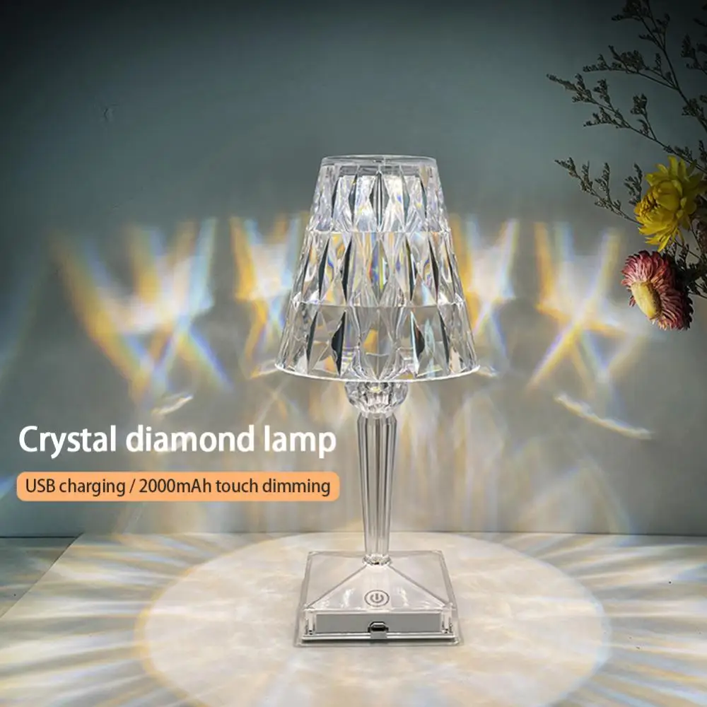 

USB Rechargeable Diamond Touch Sensor Crystal Battery Desk Lamp Bar Light Restaurant Acrylic Table Lamp Dimmable LED Night Light
