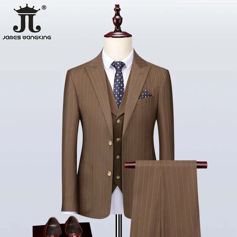 (Jacket + Vest + Pants) Classic Striped Business Workwear Groom Wedding Dress Korean Slim Fit Suit 3 Piece Set 5XL Prom Tuxedo