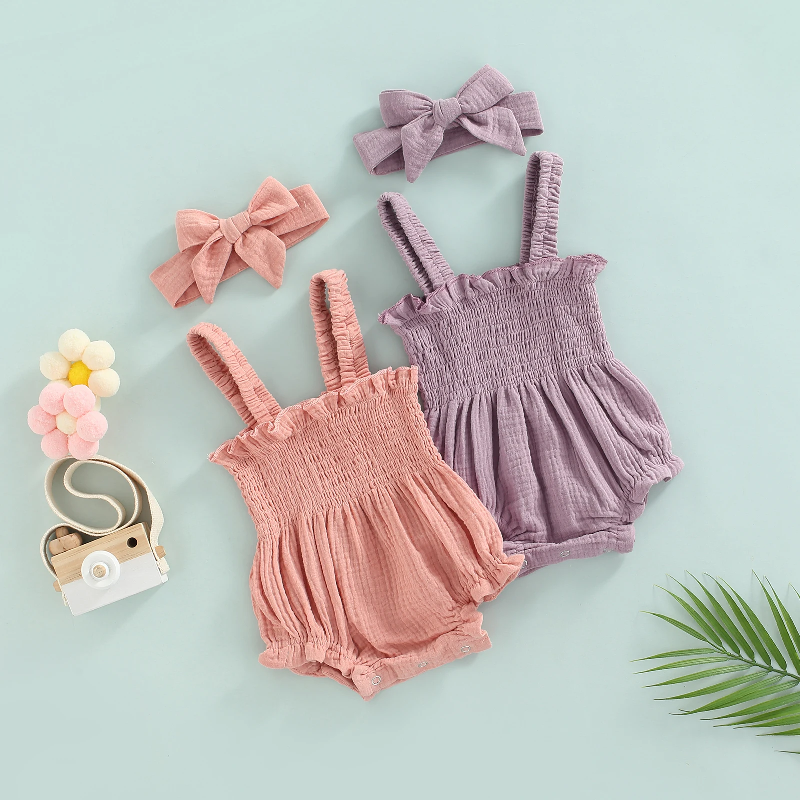 

Летний комбинезон для новорожденных девочек, милый однотонный эластичный короткий комбинезон без рукавов с оборками и повязкой на голову из хлопка и льна, одежда для малышей