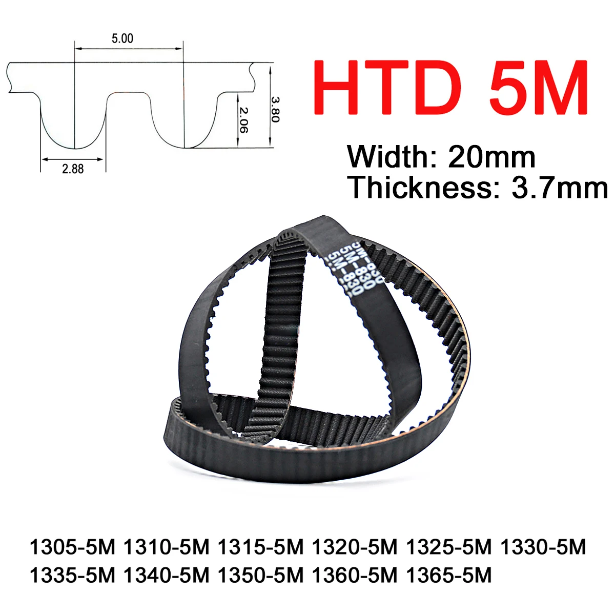 

1Pc Width 20mm 5M Rubber Arc Tooth Timing Belt Pitch Length 1305 1310 1315 1320 1325 1330 1335 1340 1350 1360 1365mm Drive Belts
