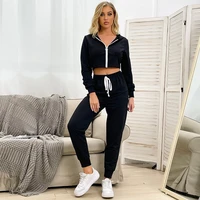 high end light luxury casual womens zipper cardigan new black long sleeved short hooded sports suit womens two piece suit