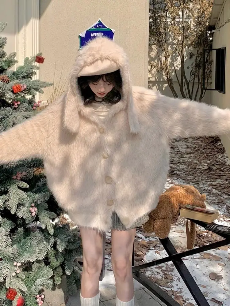 Дизайнерский вязаный кардиган с капюшоном и заячьими ушками новый свободный