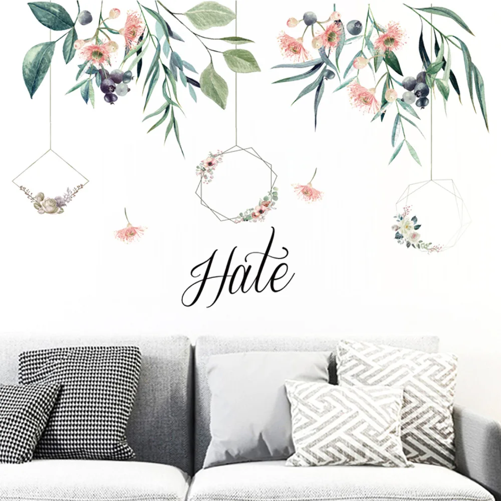 

Green Leaves Pink Flower Wall Stickers Bird Cage Home Bedroom Living Room Background Decor Wallpaper Small Fresh Leaves Decals