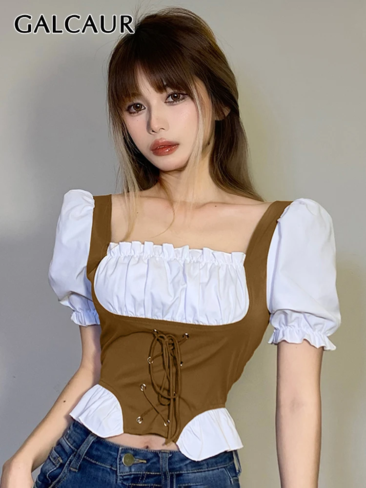 

GALCAUR Patchwork Colorblock Fake Two Piece Shirt For Women Square Collar Puff Sleeve Pullover Slim Blouses Female 2022 Clothing