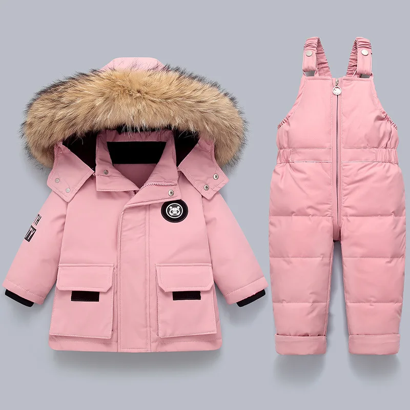 Children Winter Clothes 2PCS Set Kids Down Jacket Jumpsuit Baby Boy Parka Coat Real Fur Girl Toddler Thick Warm Overall Snowsuit