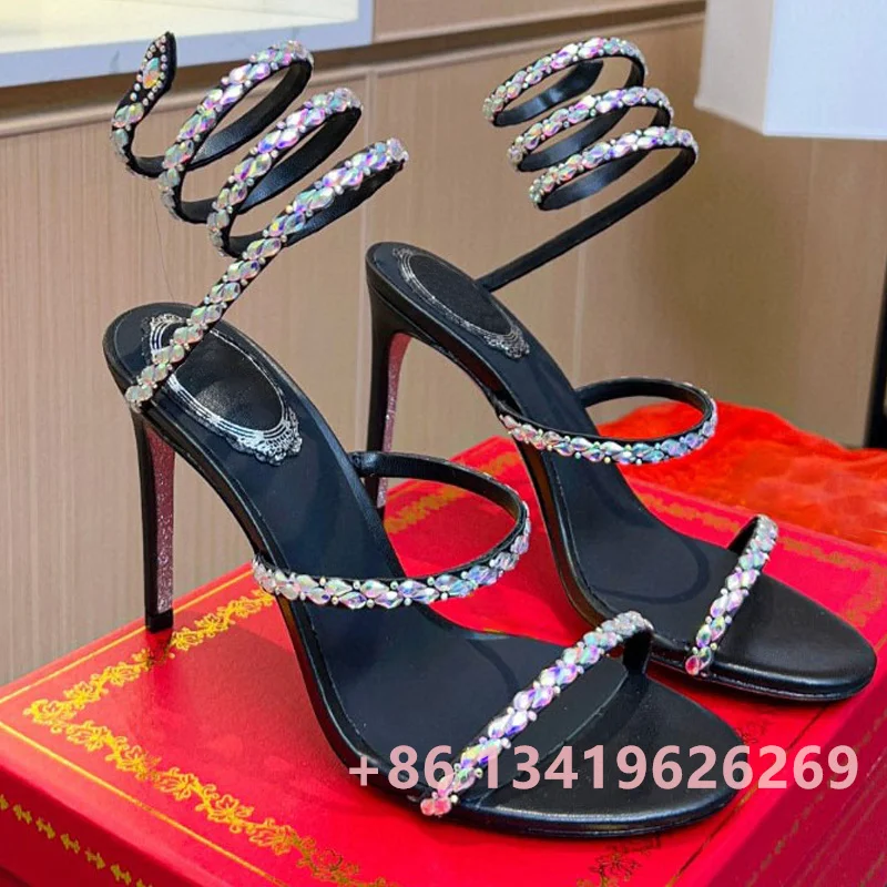 Women Summer Snake Wrapped High Heel Sandals Women Crystal Sexy Open Toe Stilettos Female Designer Wedding Party Dress Shoes