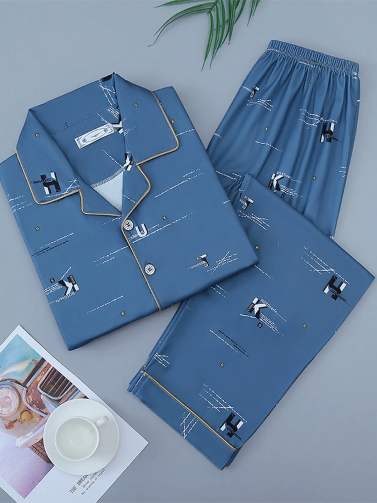 Men's Pajamas Spring and Autumn Long sleeve Cotton Youth Thin Loose Boys Plus size Casual Home Wear Set