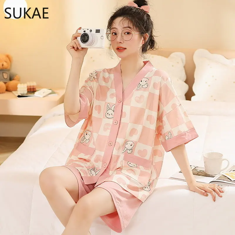 

SUKAE Cool Modal M-5XL Women Pajama Summer Elastic Fabric Nightwear Japanese Kimono V-neck Sleepwear Leisure 2 Pcs Set for Lady