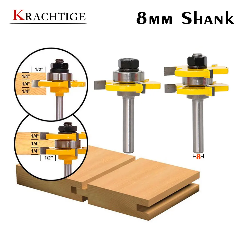 

Krachtige 8mm Shank 2 Bit Tongue and Groove Router Bit Set Wood Milling Cutter Flooring Knife Tools