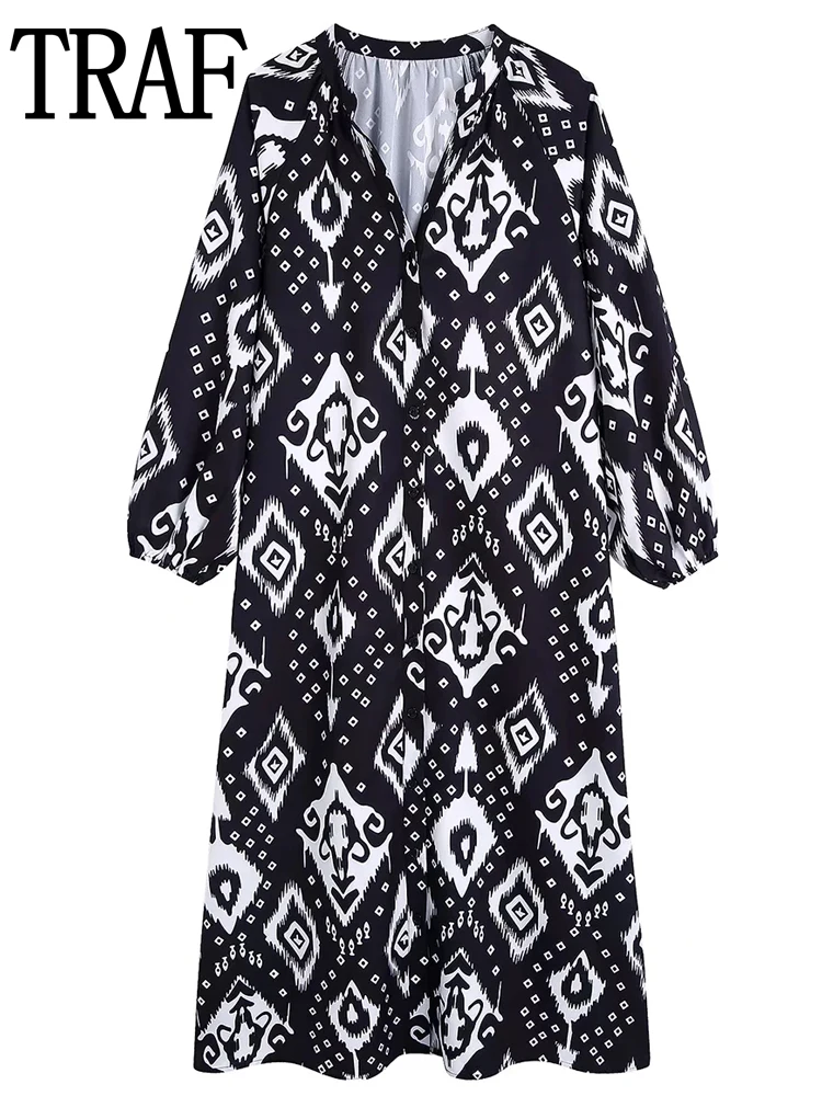 

TRAF Black Dress Woman Printed Puff Sleeve Midi Dress Lady Boho Button Up Shirt Dress Summer Loose Casual Long Dresses Women