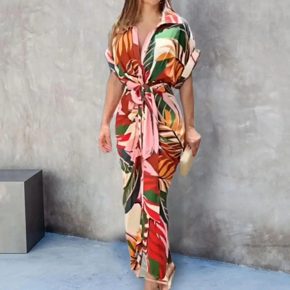 

Maxi Dress Belt Summer Dress Casual Office Leaves Print Maxi Shirt Dress