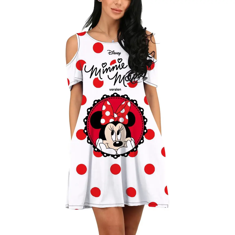 

Disney Sexy Party Dress Women's Short Sleeve Mickey and Minnie Print Hem Mini Dress O Neck Loose Comfort Beach Dress