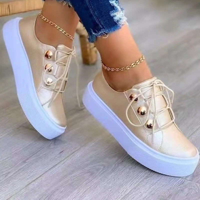 

Women's Vulcanized Shoes Rivet Solid Color Lace Up Plus Size Sneakers Casual Round Head Walking Flats Zapatillas De Deporte