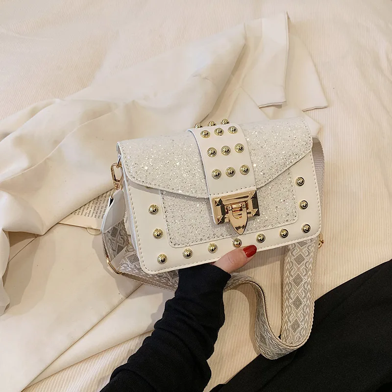 

Fashion Crossbody Bags for Women Rivet Patent Leather Wide Shoulder Bag Woman Trend Sequin Multi-layer Small Square Female Bag