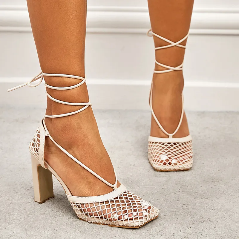 

2022 Women Mesh Pumps Thin High Heels Sexy Sandals Shoes For Woman Fashion Square Toe Ankle Strappy Pumps Sandals Ladies Shoes