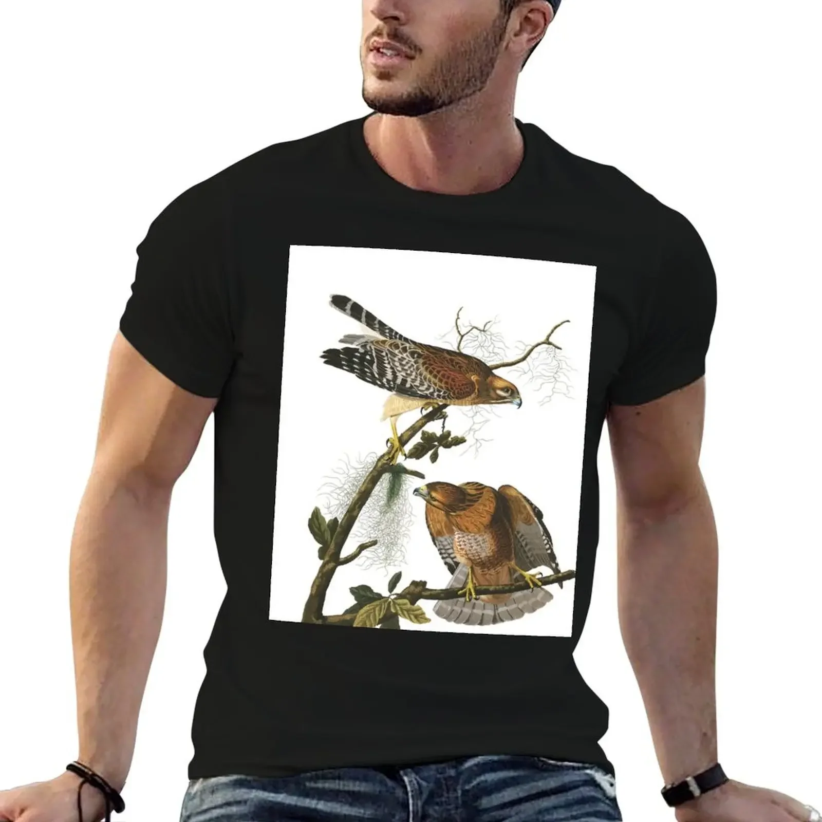 Футболка с красными плечами Hawk-John James Audubon корейская модная рубашка животным