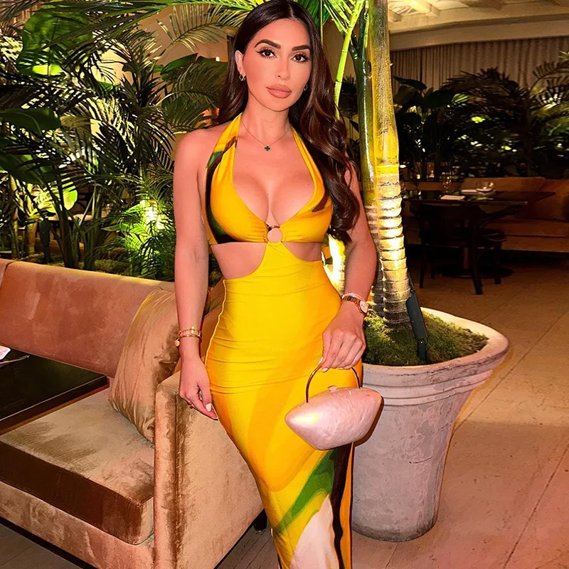 

Streetwear 2023 Autumn Sexy Women Package Hip Print Halter Long Dress Formal Elegant Clothes Evening Party Dresses Robe Y2k