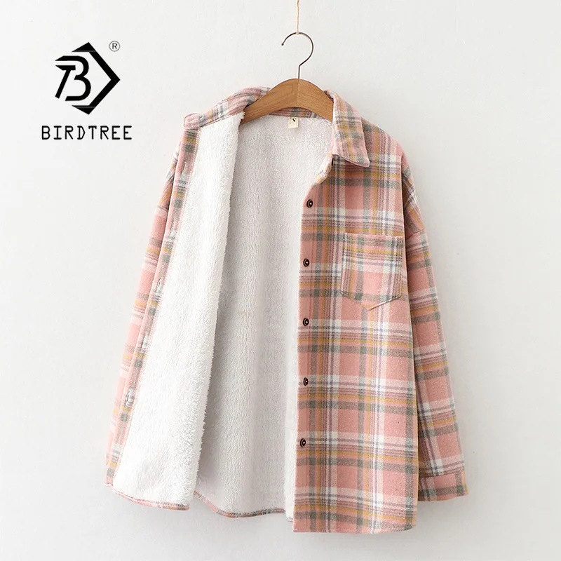 

Thicken Velvet Plaid Shirts Women Winter Autumn Pink Keep Warm Blouses and Tops New Casual Loose Female Clothes Outwear T18708X
