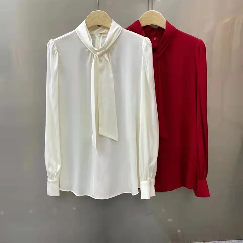 Bow Tie Elegant Blouse Shirts 2023 Spring Summer Fashion Silk Tops Women Long Sleeve Solid Red White Blouses Pure Silk Blusas