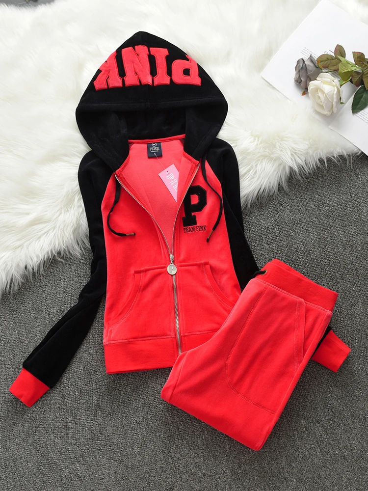 Женский Бархатный спортивный костюм YICIYA розовый комплект из 2 предметов с