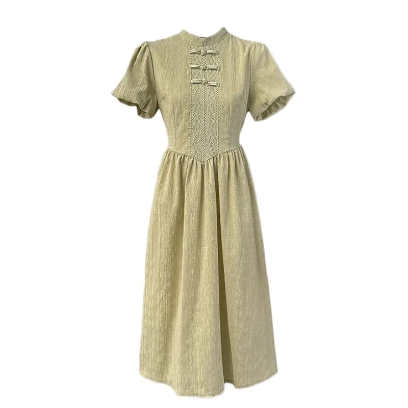 Новое китайское платье Minty Wave летний новый стиль на пуговицах с пышными рукавами