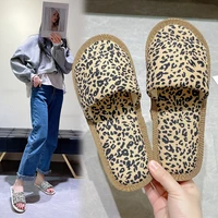 summer new leopard print one word slippers womens home fabric shoes slippers indoor home non slip linen four seasons slippers