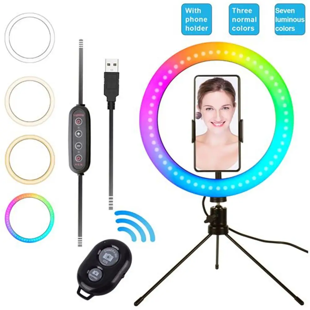 

US Stock ZX-ZB10-DC5V-RGB 5v 14w 10m Selfie Light Ring Lights With Tripod Stand Fill Light Livestream Video Lighting Clip