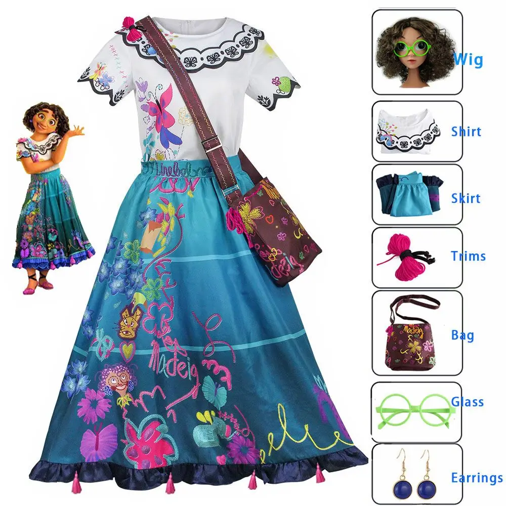 

Adult Kids Encanto Cosplay Costume Women Girls Dress Halloween Princess Party Clothes Flower Mirabel Dress Wig Bag Glasses Sets