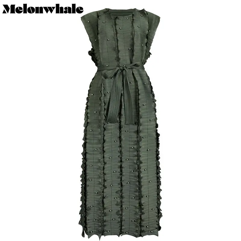 MelonWhale Women Black Pleated Vintage Casual Dress Belted New Round Neck Sleeveless Loose Fit Fashion Tide Spring Summer 2023