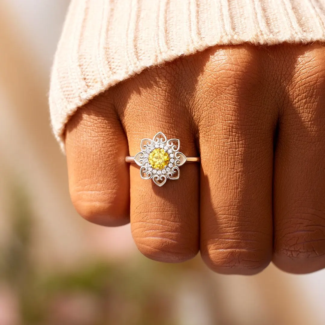 

925 Sterling Silver Wholesale Floret Sunflower Sun Flower Zircon Ring For Women Girl Temperament Finger Ring Jewelry Gift