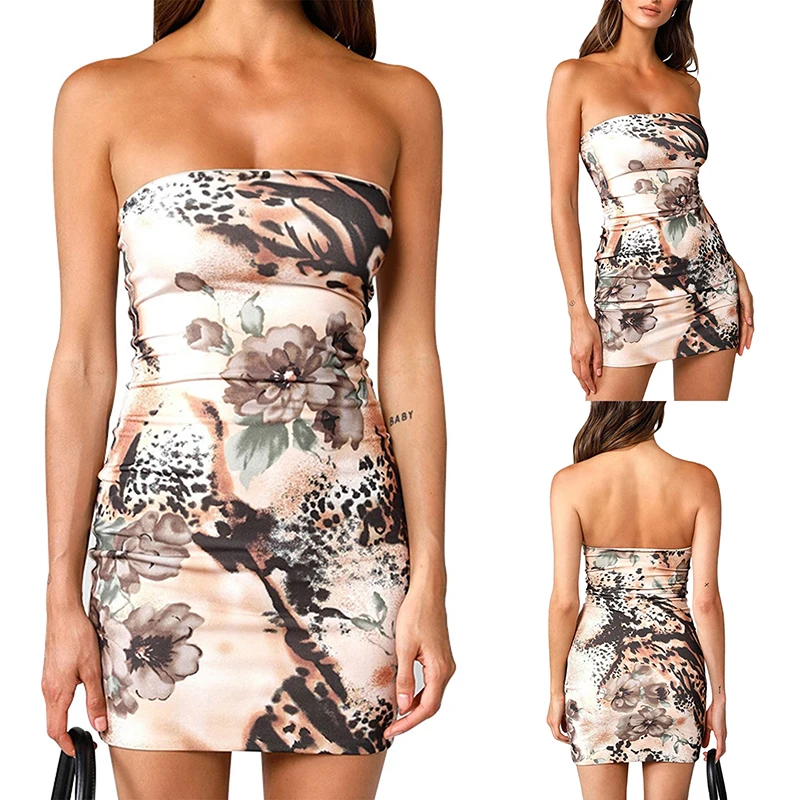 

Women Summer Dress Floral Print Strapless Off-Shoulder Sleeveless Tight OnePiece for Ladies S/M/L