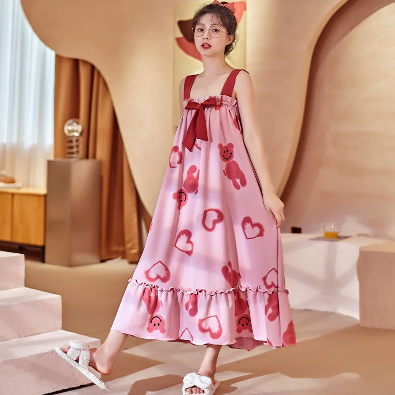 Women Cotton Sleepwear Casual Soft Love Heart Print Sleep Sleeveless Dress Pajamas