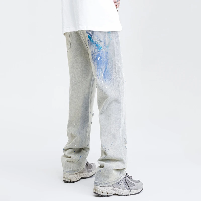 Four Seasons Men's Jeans American High Street Hole Retro Splattered Loose Y2k Pants Men's Korean Fashion Street Men's Aesthetic