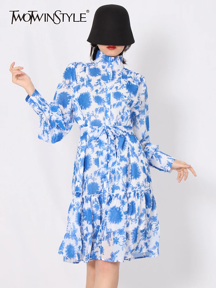 

TWOTWINSTYLE Print Colorblock Elegant Dress For Women Stand Collar Long Sleeve High Waist Belt Streetwear Mini Dresses Females
