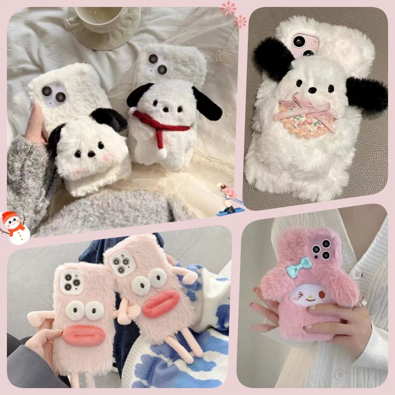 

Sanrio Pochacco Plush Phone Case Bib for Iphone14Promax Cute 12/13 Protective Case 11/xr Soft Shell Female Xmax Kawaii 7/8Plus
