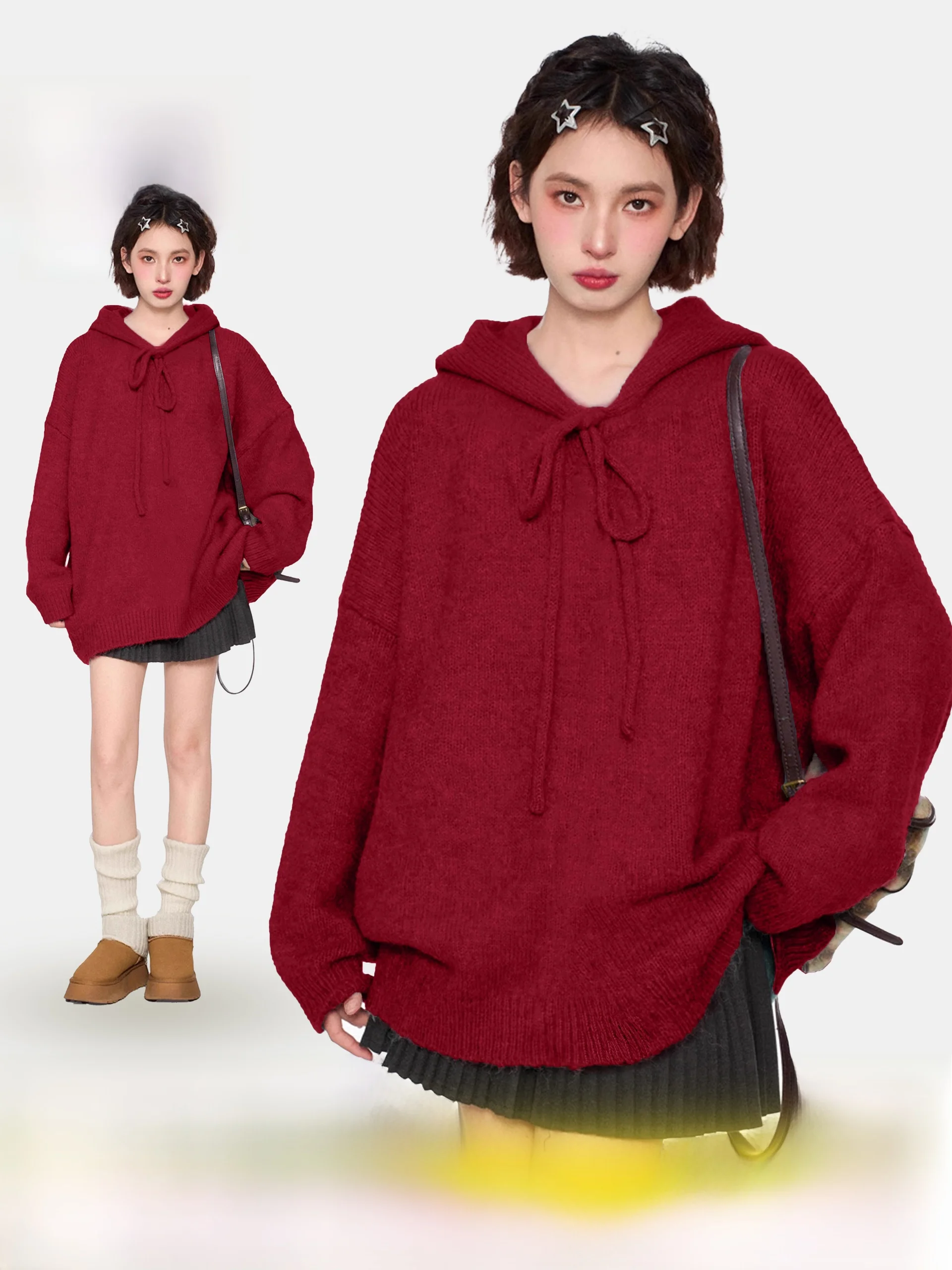 Красный рождественский пуловер с капюшоном вязаный свитер женская осенне-зимняя