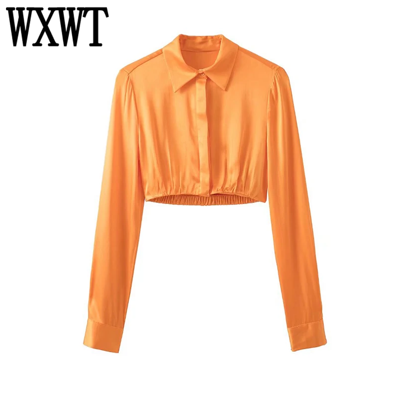 

WXWT Women Orange Satin Cropped Shirt Long Sleeve Single Breasted Blouse Female Spring Streetwear Wear Tops HH6536