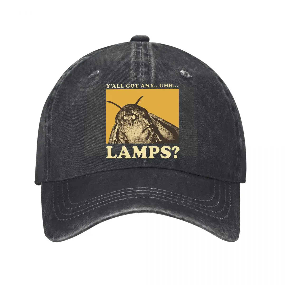 Фото Бейсболка унисекс с забавным мемом «Yall Got Any Uhh Lamps» и мотивом мотылька, состаренная, с эффектом потертости, для активного отдыха №1