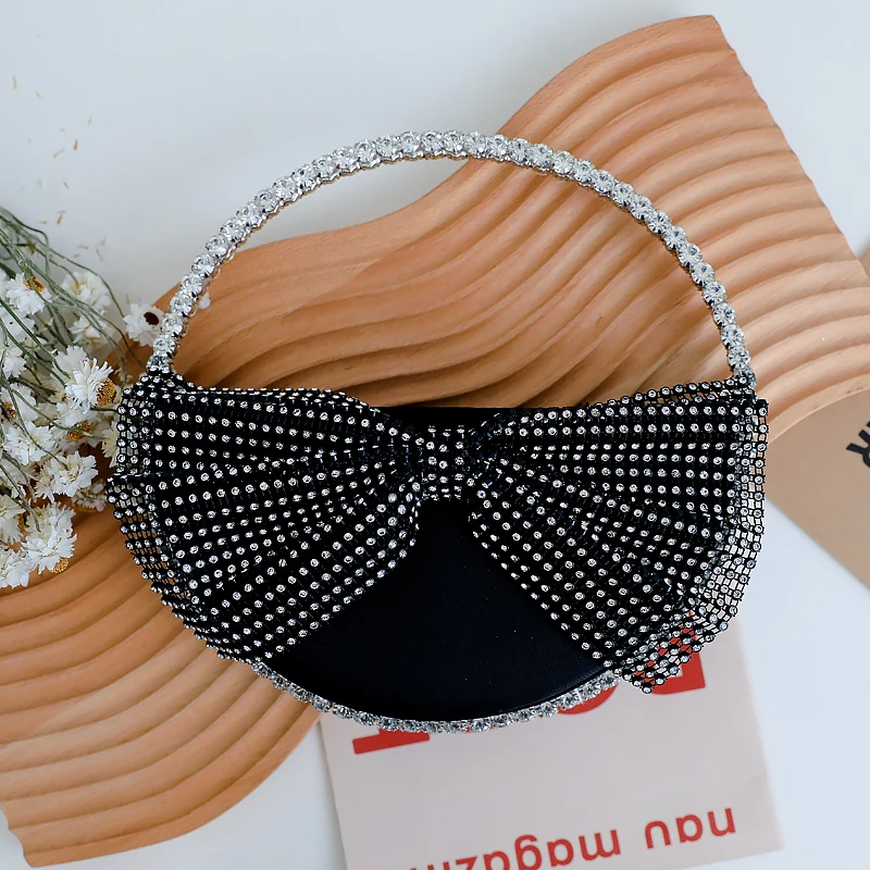 

Women Evening Bag Luxury Design Black Bow Rhinestones Circular Handle Handbag Fashion Half Moon Diamond Wedding Party Clutch