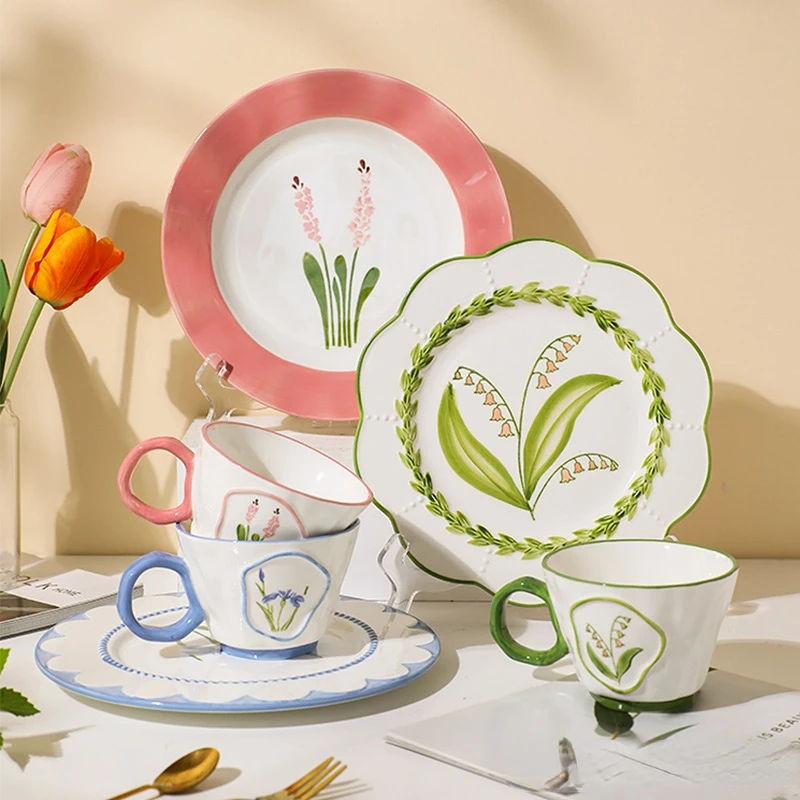 

Ceramics Tableware Coffee cup Dinner Dishes Creative Gift Household Underglaze Breakfast Vintage Three-dimensional Relief